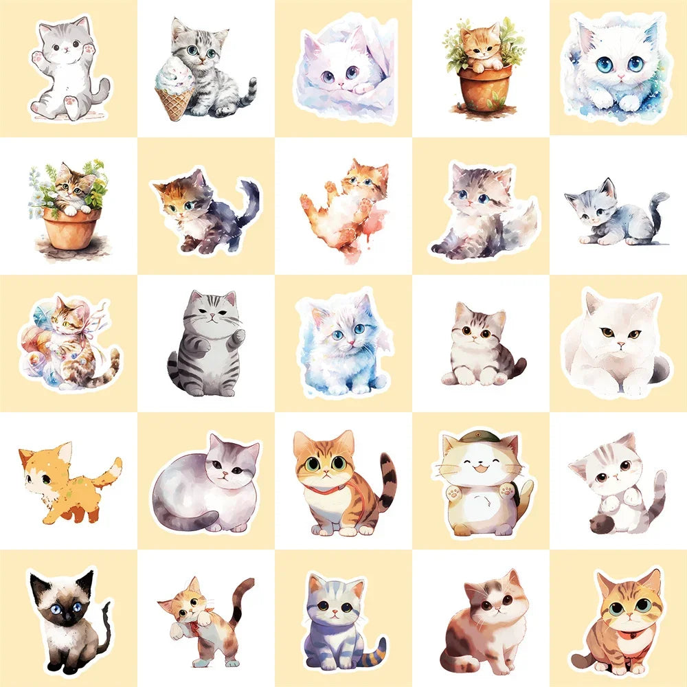 50PCS New Cartoon Watercolor Cat Personalized Creative Sticker DIY  Guitar Computer  Suitcase  Helmet Waterproof