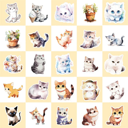 50PCS New Cartoon Watercolor Cat Personalized Creative Sticker DIY  Guitar Computer  Suitcase  Helmet Waterproof