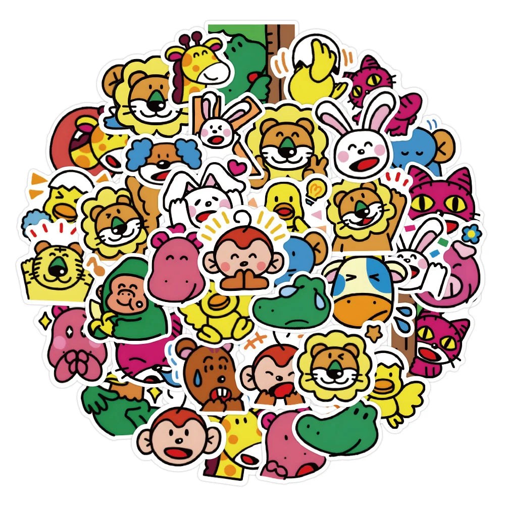 50 pieces of cartoon happy animal cookie graffiti stickers, giraffe, lion, monkey personalized creative, fashionable and trendy DIY decorative decal cups, helmets, skateboards and popular toy stickers
