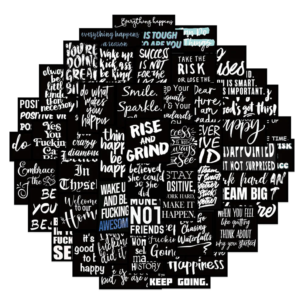 61PCS of black background inspirational English slogan graffiti stickers, personalized, fashionable, creative and exquisite decorative decals, toy suitcases, laptops, ipads, scooters and popular stickers