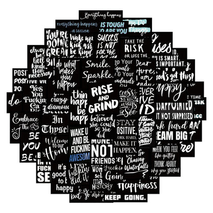 61PCS of black background inspirational English slogan graffiti stickers, personalized, fashionable, creative and exquisite decorative decals, toy suitcases, laptops, ipads, scooters and popular stickers