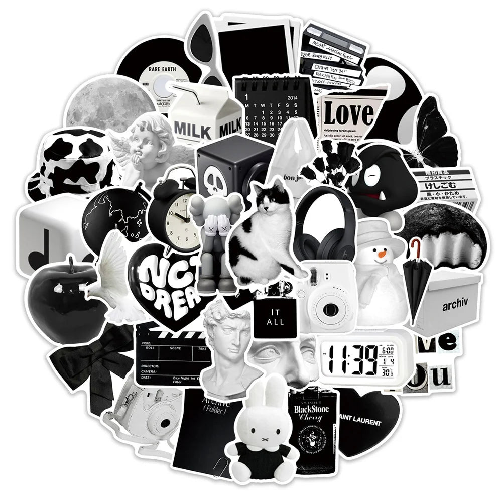 50PCS Ins Simple Black and White Cartoon Graffiti Waterproof Stickers Personalized Creative Trend Water CupHelmet