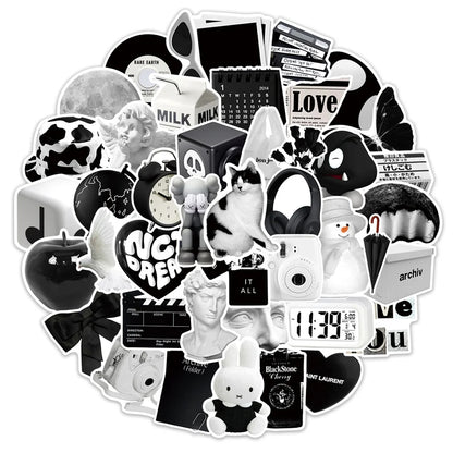 50PCS Ins Simple Black and White Cartoon Graffiti Waterproof Stickers Personalized Creative Trend Water CupHelmet