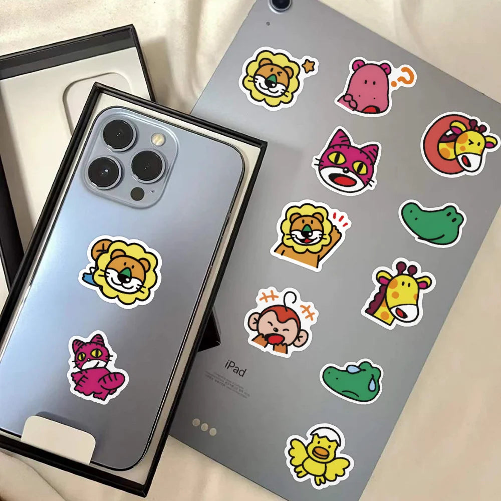 50 pieces of cartoon happy animal cookie graffiti stickers, giraffe, lion, monkey personalized creative, fashionable and trendy DIY decorative decal cups, helmets, skateboards and popular toy stickers