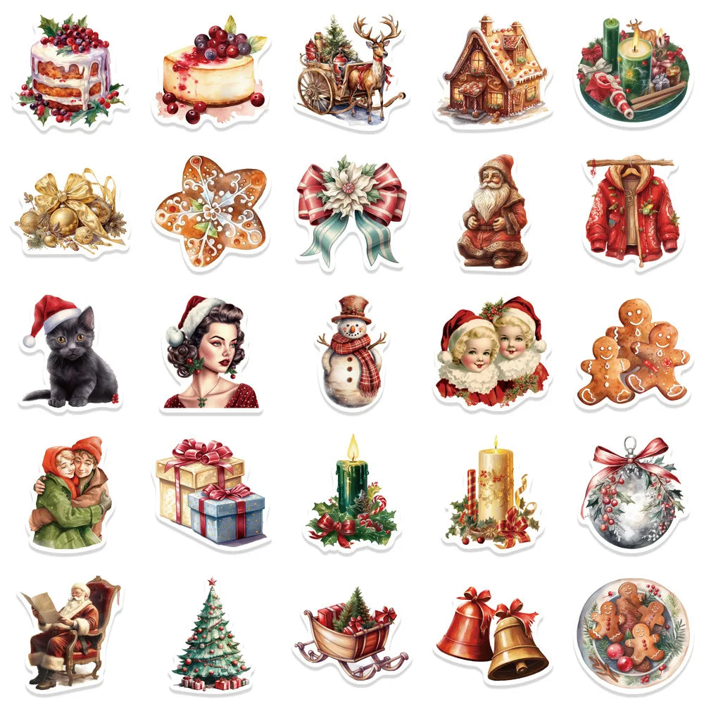 50PCS Retro Christmas Doodle Stickers - Vintage Holiday Vinyl Decals for Gift Wrapping, Scrapbooking & Festive DIY Crafts