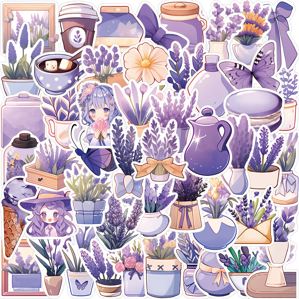 50PCS Lavender Daydream Stickers - Calming Purple Botanical Doodle Decals for Sleep Journals, Aromatherapy Planners & Anxiety Relief Kits