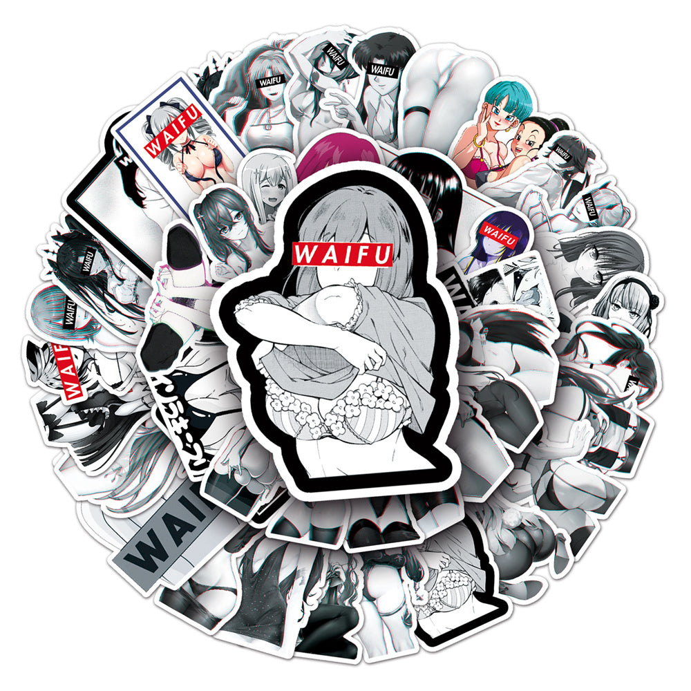 50PCS Cartoon Black & White Waifu Girl Doodle Stickers for Phone Cases, Skateboards, DIY, Waterproof Luggage, Reward Decals, Toys