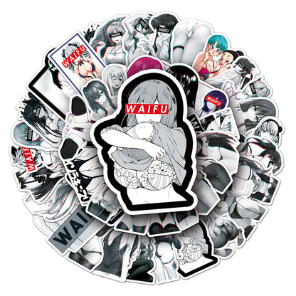 50PCS Cartoon Black & White Waifu Girl Doodle Stickers for Phone Cases, Skateboards, DIY, Waterproof Luggage, Reward Decals, Toys