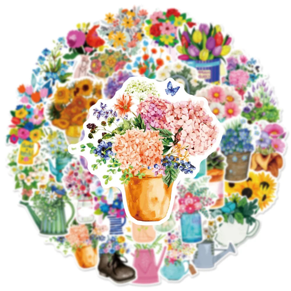 50PCS Literary Fresh Plants Flowers Graffiti Waterproof Stickers Cartoon Creative Decorative Decals Refrigerator