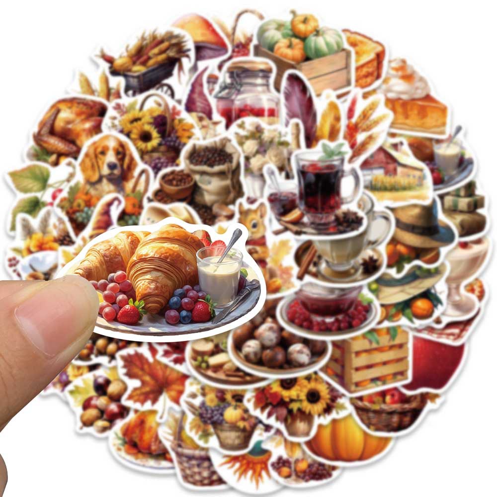 50PCS Thanksgiving Feast Stickers, Bountiful Harvest Food Cartoon Doodles for Holiday Tables and Family Celebrations