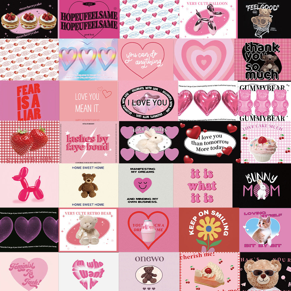 50PCS Pink Vintage Heart Bear Stickers, Cute Cartoon Teddy & Fluffy Friend Doodles for 90s Kid Vibes and Journals