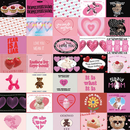 50PCS Pink Vintage Heart Bear Stickers, Cute Cartoon Teddy & Fluffy Friend Doodles for 90s Kid Vibes and Journals