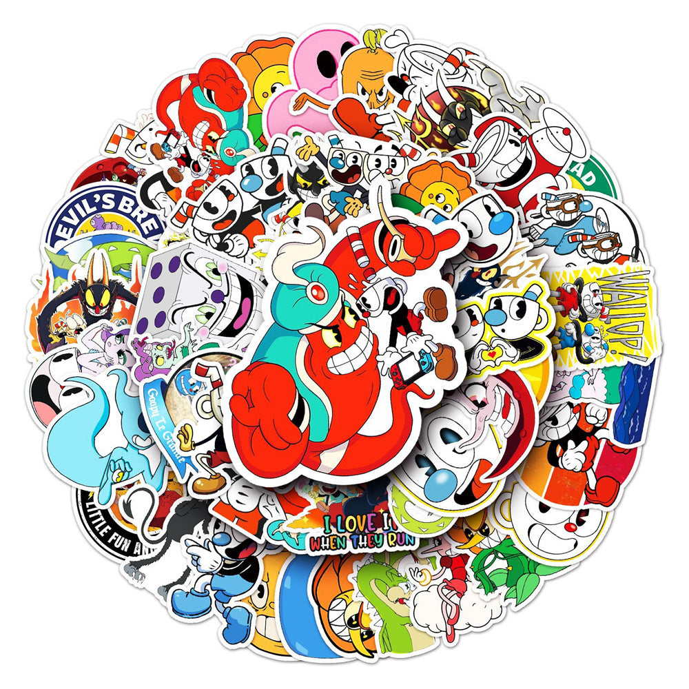 50PCS Classic Cartoon Cute Game Cuphead Series Doodle Stickers Exquisite Fashion Creative DIY Decorative Decals Suitable for Mugs, Helmets, Skateboards, Refrigerators, Stationery Boxes