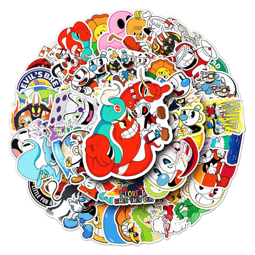 50PCS Classic Cartoon Cute Game Cuphead Series Doodle Stickers Exquisite Fashion Creative DIY Decorative Decals Suitable for Mugs, Helmets, Skateboards, Refrigerators, Stationery Boxes