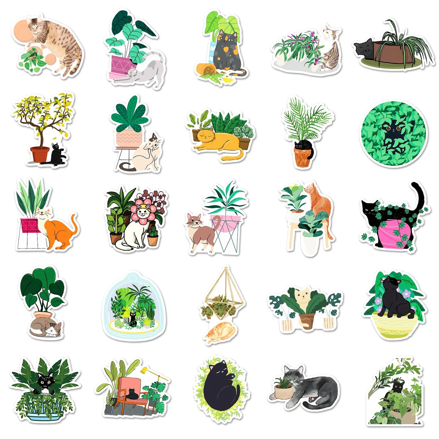 50PCS Cartoon Cats and Plants Stickers Graffiti iPad Desk Notebook Helmet Car  Pattern Scrapbook Toys Decoration