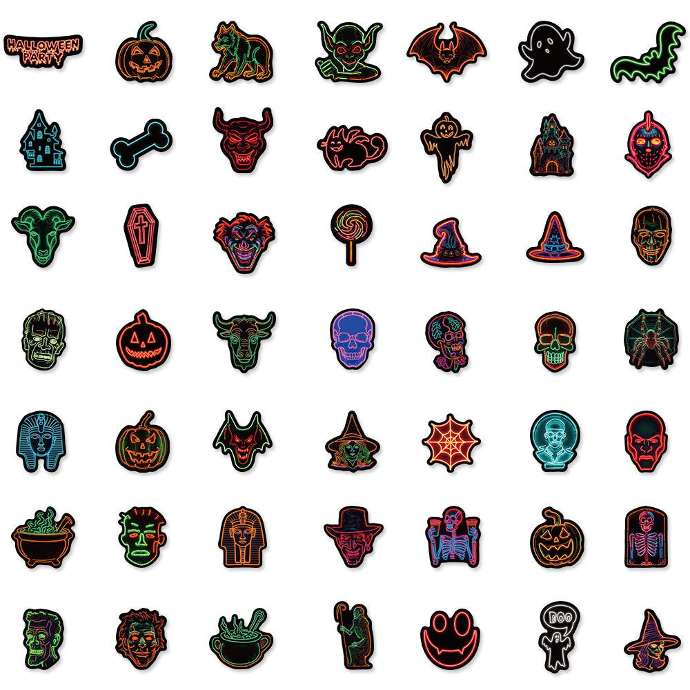 50PCS Neon Halloween Stickers, Glow-in-the-Dark Cartoon Doodles for Party Decor, Laptops, and Festive Vibes
