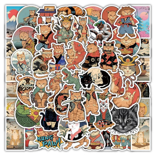 50 pieces of cartoon, anime, samurai cat graffiti stickers, personalized, fashionable and creative DIY decorative stickers, guitar, computer, skateboard, helmet, popular decal toys