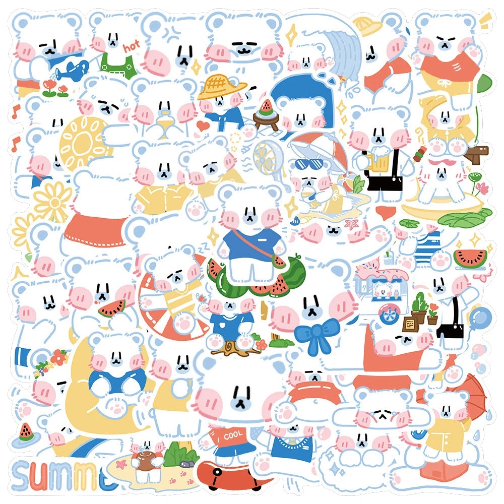 50PCS of cute cartoon white bear animal creative graffiti stickers, personalized and fashionable creative DIY exquisite decorative decals, bicycle, skateboard, car helmet, laptop, popular sticker toys
