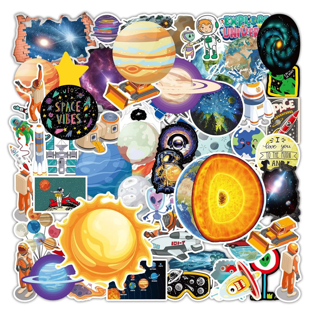 65PCS Space Planet Outer Space Cartoon Doodle Stickers Personalized Creative Trend Decorative Stickers Luggage Laptop Skateboards Cell Phone Shells Fashion Popular Decals Gift Toys