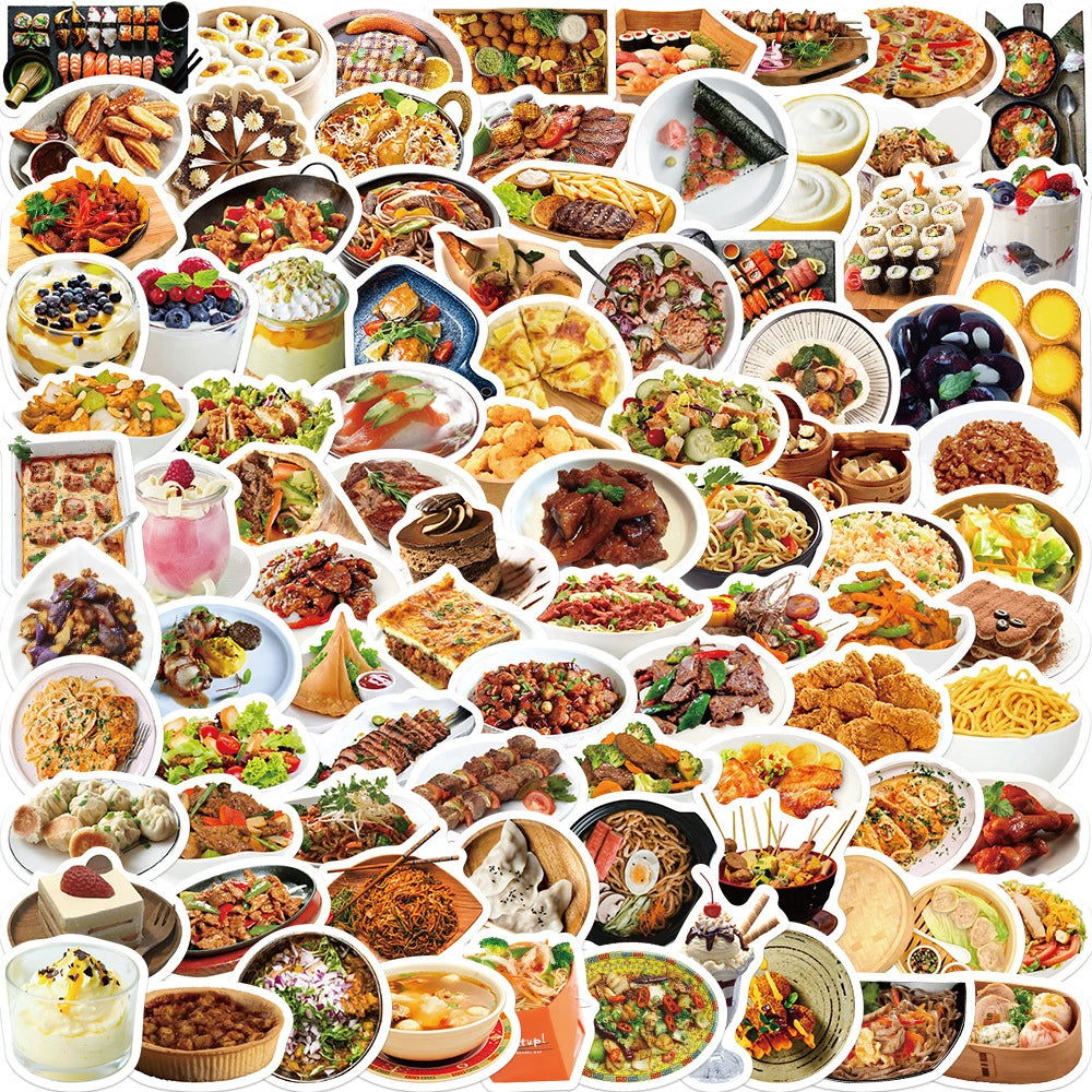 90PCS Cartoon Realistic Food Doodle Stickers for Suitcases, Skateboards, Computers, Laptops, Refrigerators, Water Bottles, Helmets, and More Exquisite DIY Desktop Decorative Decals
