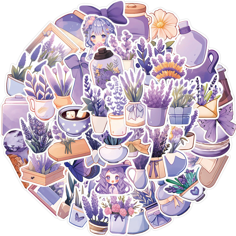 50PCS Lavender Daydream Stickers - Calming Purple Botanical Doodle Decals for Sleep Journals, Aromatherapy Planners & Anxiety Relief Kits