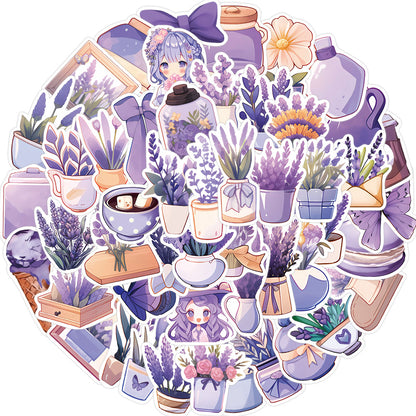50PCS Lavender Daydream Stickers - Calming Purple Botanical Doodle Decals for Sleep Journals, Aromatherapy Planners & Anxiety Relief Kits