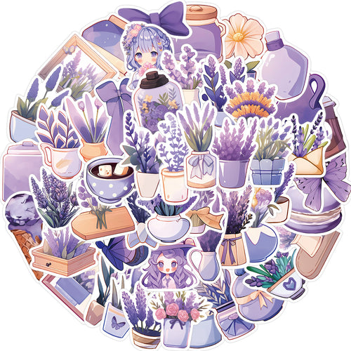 50PCS Lavender Daydream Stickers - Calming Purple Botanical Doodle Decals for Sleep Journals, Aromatherapy Planners & Anxiety Relief Kits