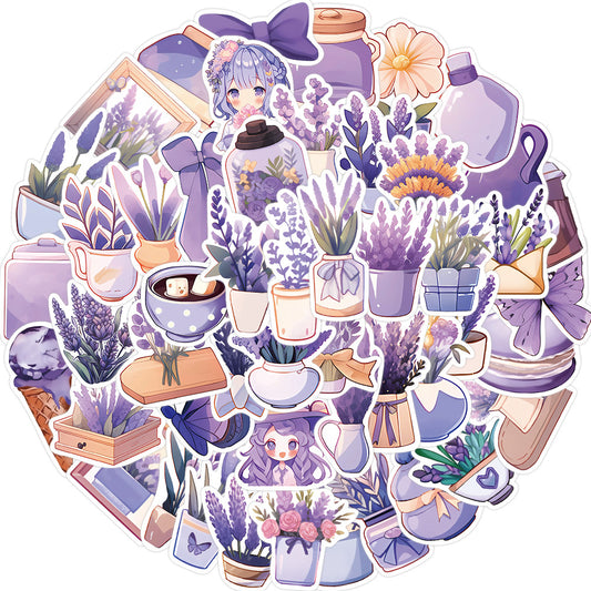 50PCS Lavender Daydream Stickers - Calming Purple Botanical Doodle Decals for Sleep Journals, Aromatherapy Planners & Anxiety Relief Kits