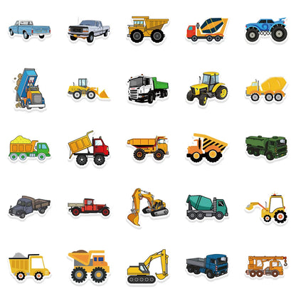 50PCS Construction Site Doodle Stickers, Cute Cartoon Truck & Vehicle Decals for Kids, Boys Room, and Imaginative Play