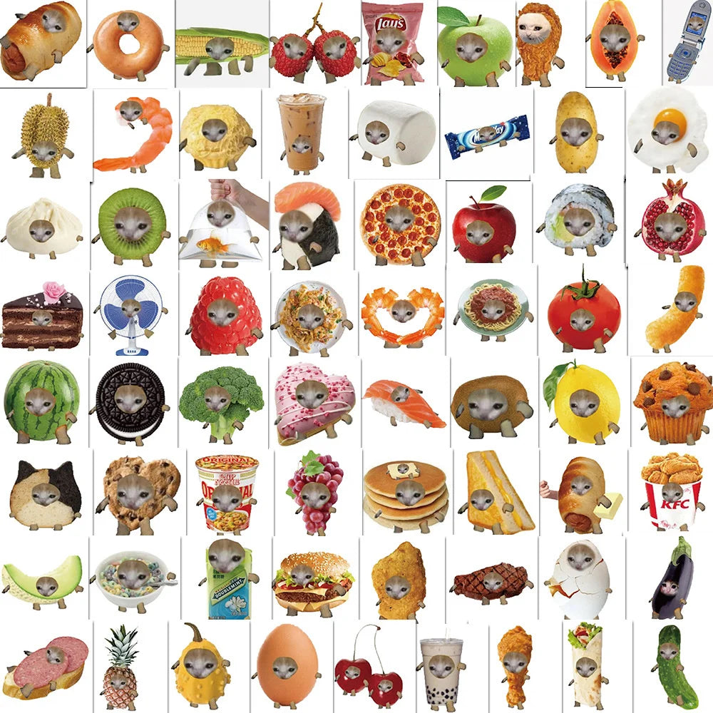 69PCS Cartoon Cute Funny Food Cat Head Graffiti Stickers Personality Fashion Creative DIY Exquisite Trend Decoration Decals Toys for Luggage Laptop IPad Skateboard Mobile Phone Car Popular Stickers