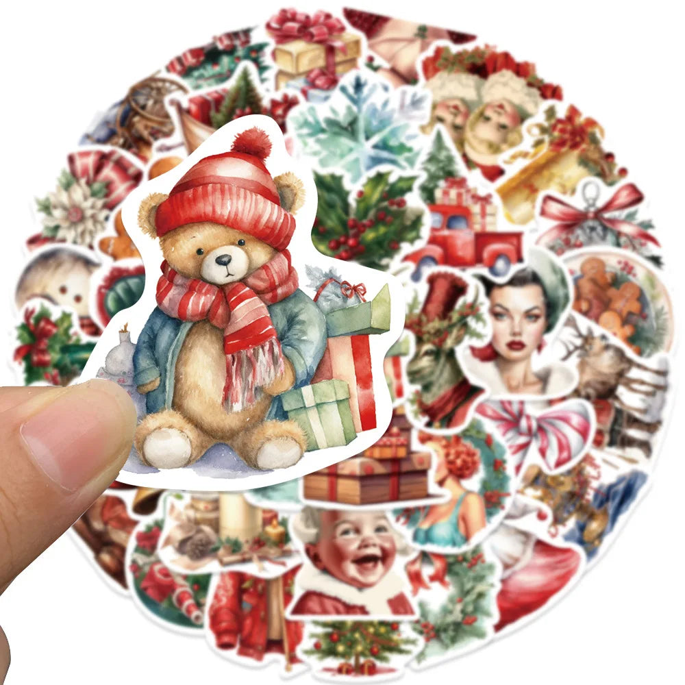 50PCS Retro Christmas Doodle Stickers - Vintage Holiday Vinyl Decals for Gift Wrapping, Scrapbooking & Festive DIY Crafts