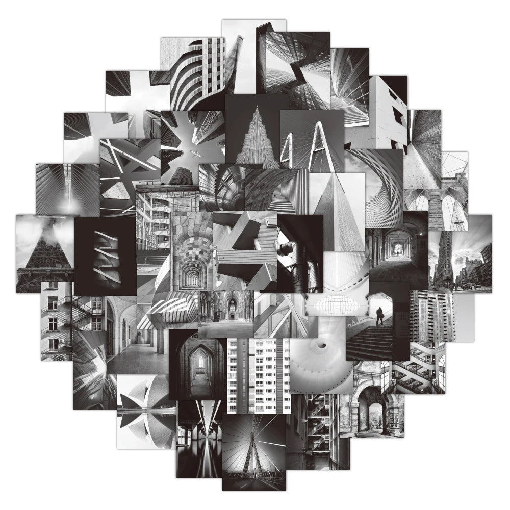 50PCS Cartoon Black and White Art Building Graffiti Stickers Personalized Fashion Creative DIY Exquisite Decorative Decals Toys for Water Cups Laptop Skateboard Computer Popular Stickers
