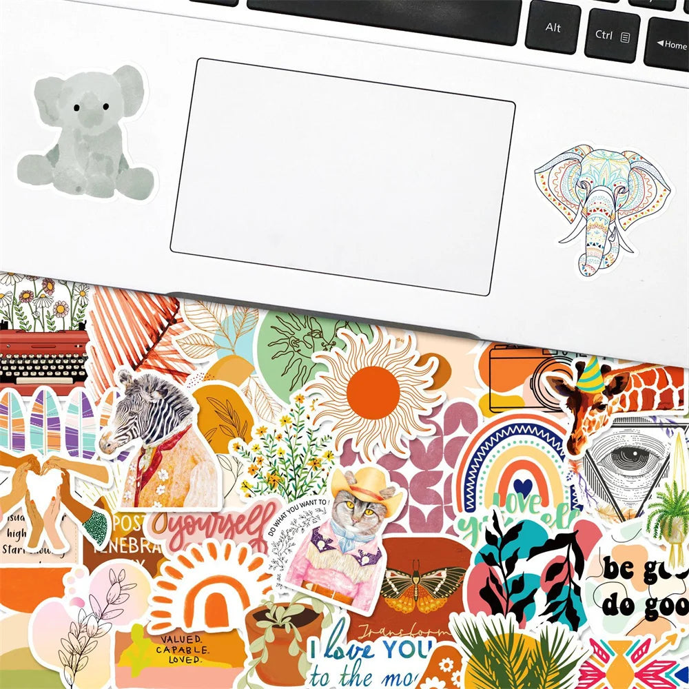 50 pieces of Bohemian-style, fresh and simple graffiti stickers featuring toys, luggage, laptops, iPads, skateboards, and more. These are waterproof stickers