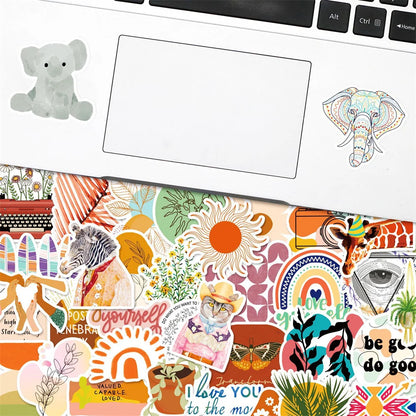 50 pieces of Bohemian-style, fresh and simple graffiti stickers featuring toys, luggage, laptops, iPads, skateboards, and more. These are waterproof stickers