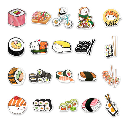 50PCS Cartoon Cute Sushi Food Doodle Stickers Personalized Fashion Creative DIY Exquisite Decorative Decals Toys For Skateboard Guitar Refrigerator Helmet Popular Stickers