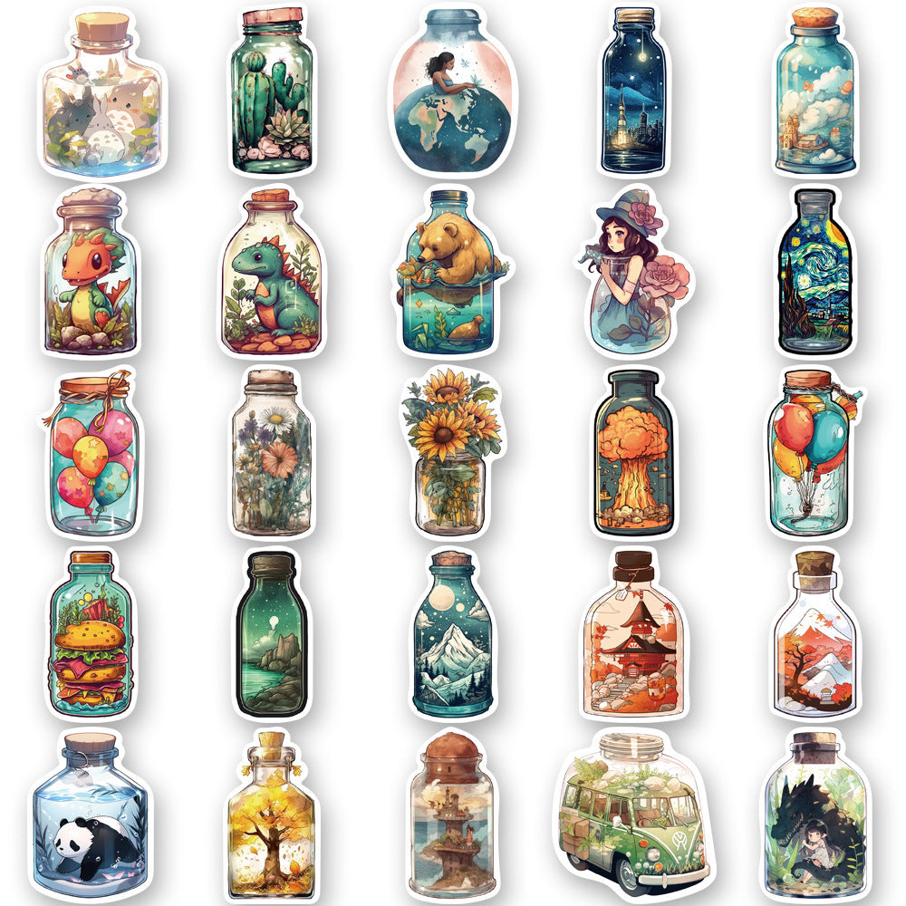 50PCS Cute Glass Jar Doodle Stickers, Cartoon Transparent Bottle Decals for Planners, Journals, and Aesthetic Decor