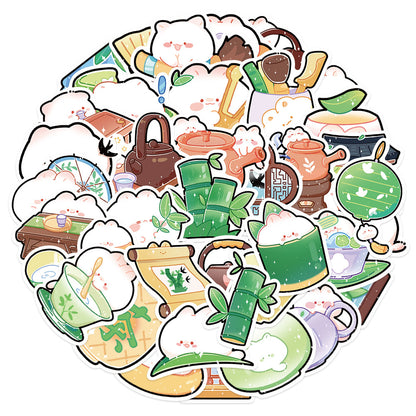 40PCS Cartoon Bamboo Grove Tea House Doodle Stickers Exquisite Creative DIY Journal Decorative Decals Suitable for Notebooks, Phone Cases, Skateboards, Water Bottles, and Stationery Boxes