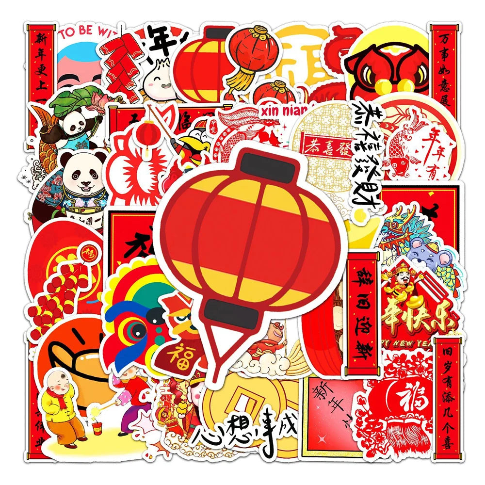 50 pieces of Chinese festival New Year series cartoon, auspicious and cute graffiti stickers, personalized, fashionable and creative DIY decorative stickers, guitar, IPad, helmet, skateboard, popular and exquisite decal toys