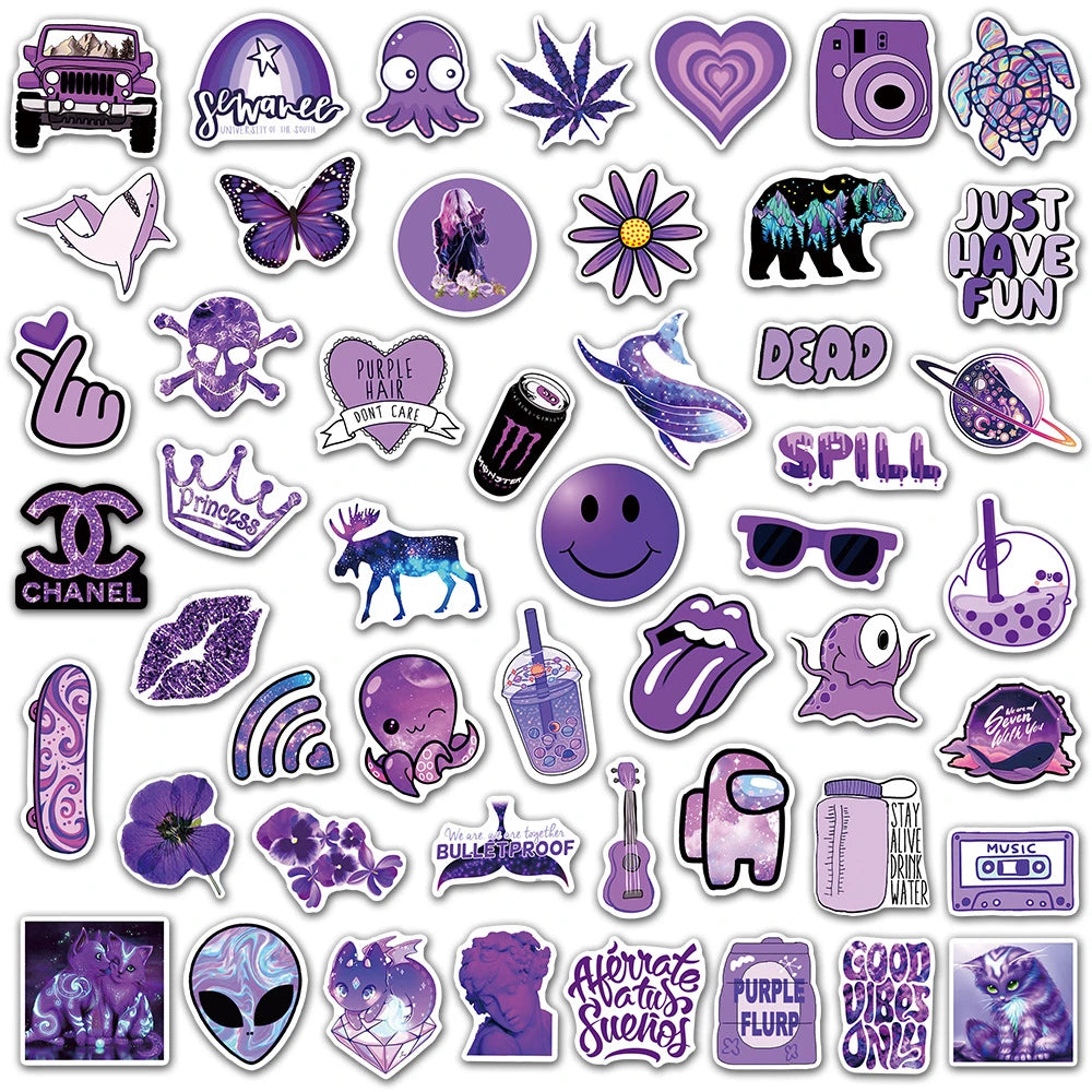 50PCS Cartoon Purple Small Fresh Graffiti Stickers Personalized Fashion Creative DIY Trend Decorative Stickers Bike Skateboard Car Helmet Laptop Popular Decals Toys
