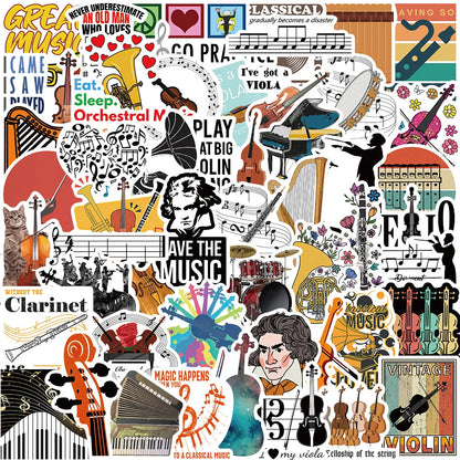 52PCS Cartoon Music Instruments Orchestra Doodle Stickers Personalized Fashion Creative DIY Exquisite Decorative Decals Toys For Luggage Laptop IPad Skateboard Popular Stickers