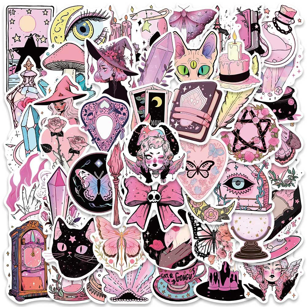 50PCS Pink Witch Stickers - Cute Magic Decals for Laptops, Water Bottles, Planners & Witchy Aesthetic Gifts