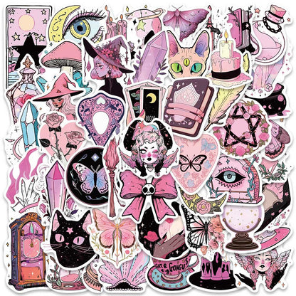 50PCS Pink Witch Stickers - Cute Magic Decals for Laptops, Water Bottles, Planners & Witchy Aesthetic Gifts