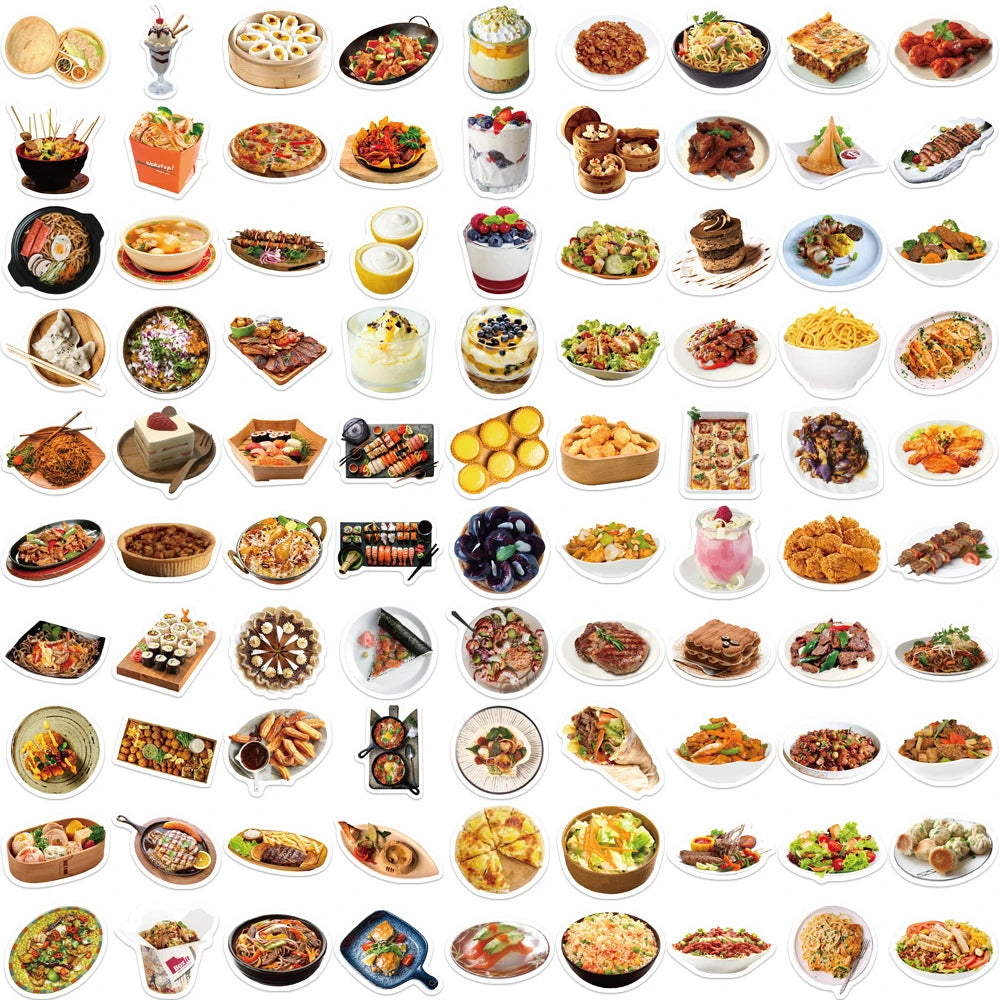 90PCS Cartoon Realistic Food Doodle Stickers for Suitcases, Skateboards, Computers, Laptops, Refrigerators, Water Bottles, Helmets, and More Exquisite DIY Desktop Decorative Decals