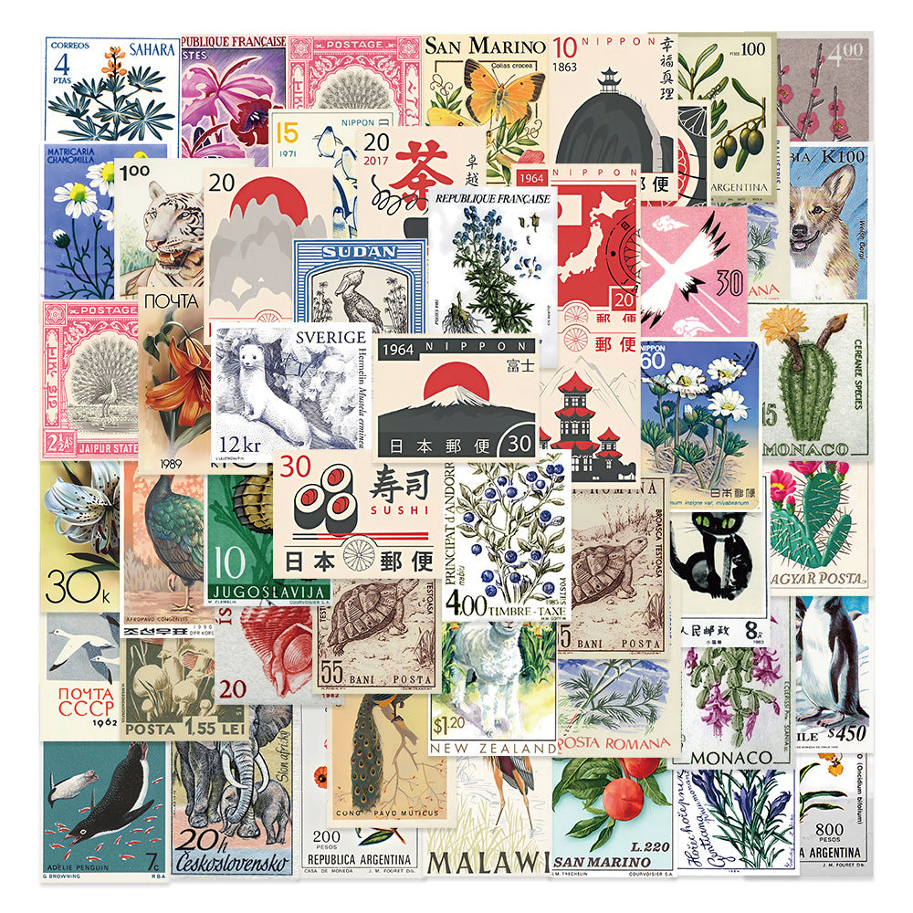 50PCS Cartoon Japanese Retro Travel Stamp Doodle Stickers Exquisite Fashion Creative DIY Journal Decorative Decals Suitable for Skateboards, Guitars, Laptops, Helmets, and Stationery Boxes