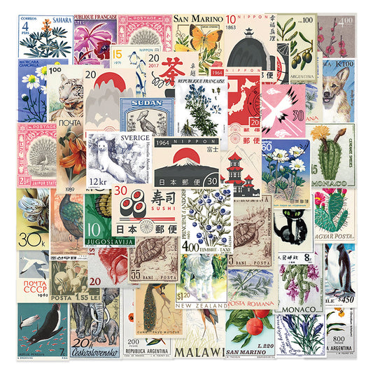 50PCS Cartoon Japanese Retro Travel Stamp Doodle Stickers Exquisite Fashion Creative DIY Journal Decorative Decals Suitable for Skateboards, Guitars, Laptops, Helmets, and Stationery Boxes