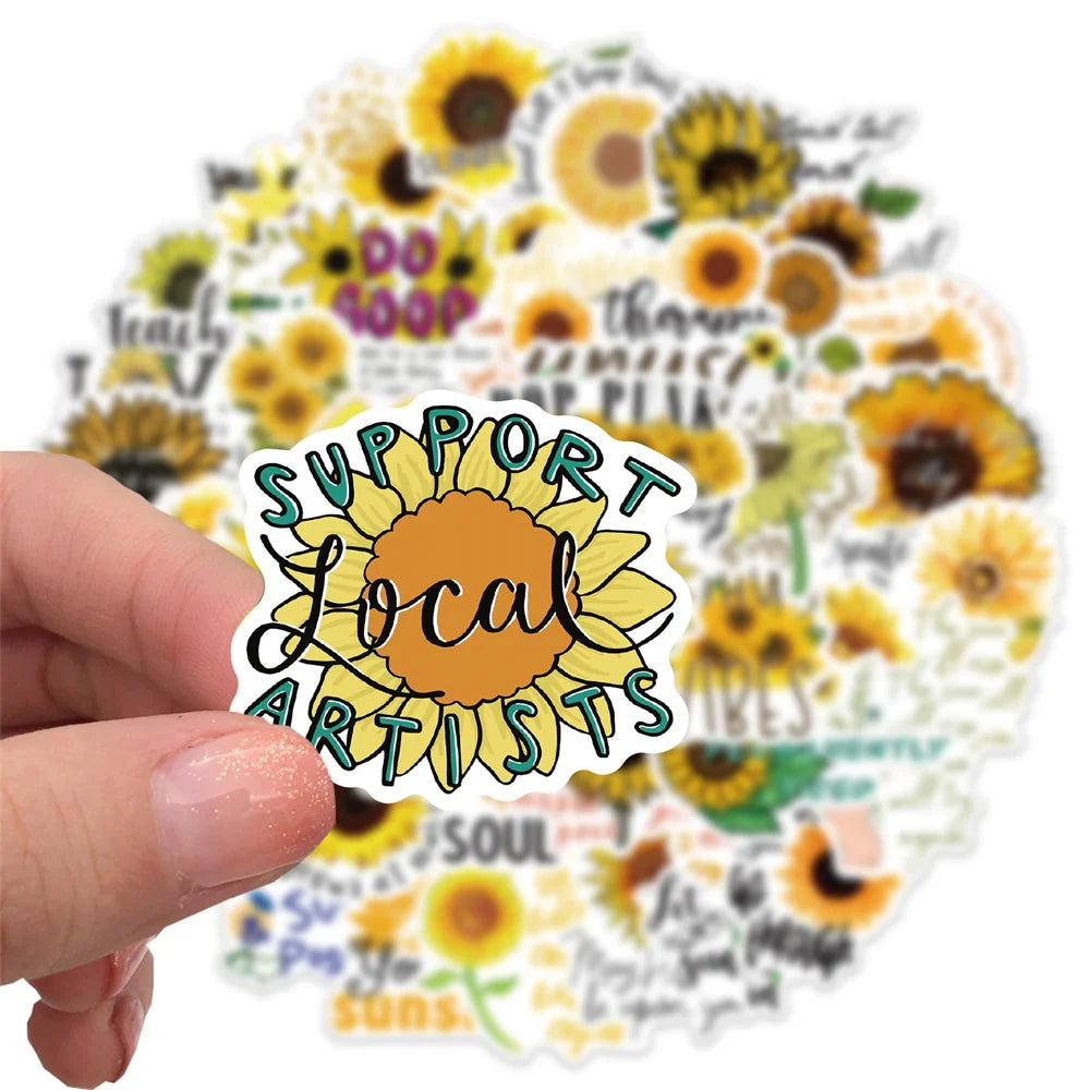 50PCS Cartoon Sunflower Motivational Quotes Doodle Stickers Exquisite Creative Decorative Decals Perfect for Water Bottles, Guitars, Skateboards, Pencil Cases, and Notebooks