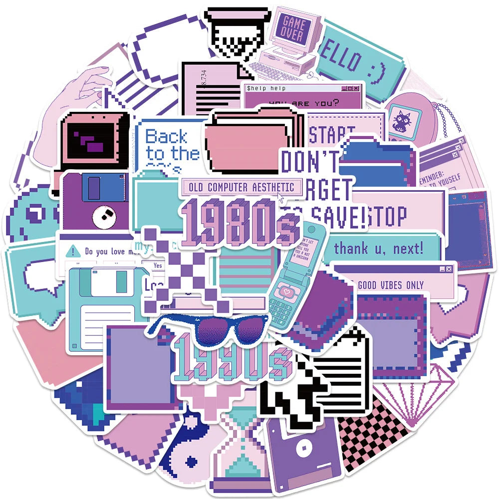 53PCS Cartoon Purple Pixel Style Graffiti Stickers Personalized Creative DIY Decorative Stickers Laptop IPad Refrigerator Guitar Mug Fashion Popular Toys Exquisite Decals
