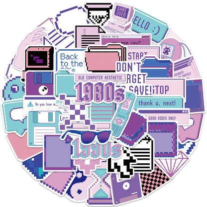 53PCS Cartoon Purple Pixel Style Graffiti Stickers Personalized Creative DIY Decorative Stickers Laptop IPad Refrigerator Guitar Mug Fashion Popular Toys Exquisite Decals