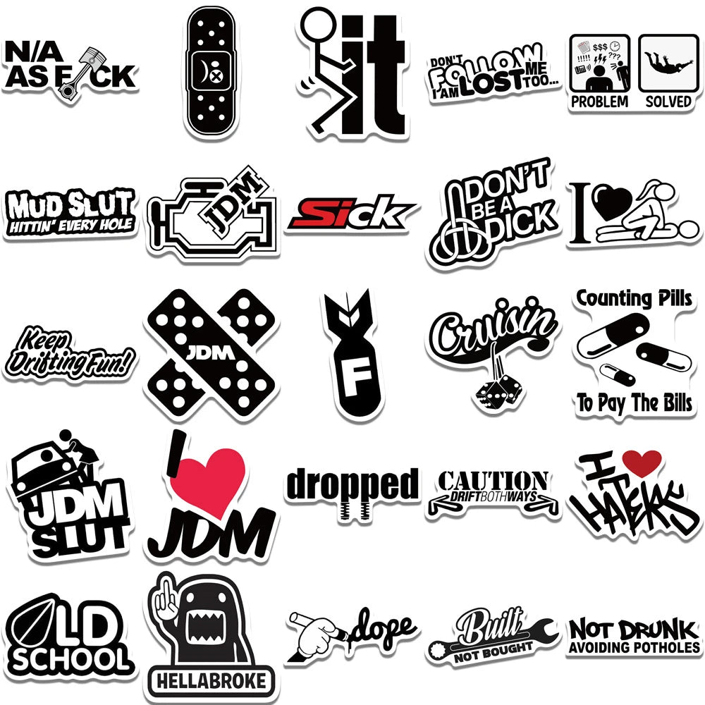 50PCS Cartoon JDM Text Trend Creative Graffiti Sticker Bike Skateboard Car Helmet Laptop Computer