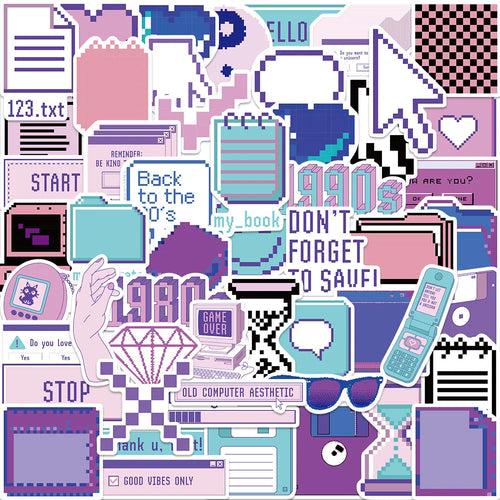 53PCS Cartoon Purple Pixel Style Graffiti Stickers Personalized Creative DIY Decorative Stickers Laptop IPad Refrigerator Guitar Mug Fashion Popular Toys Exquisite Decals